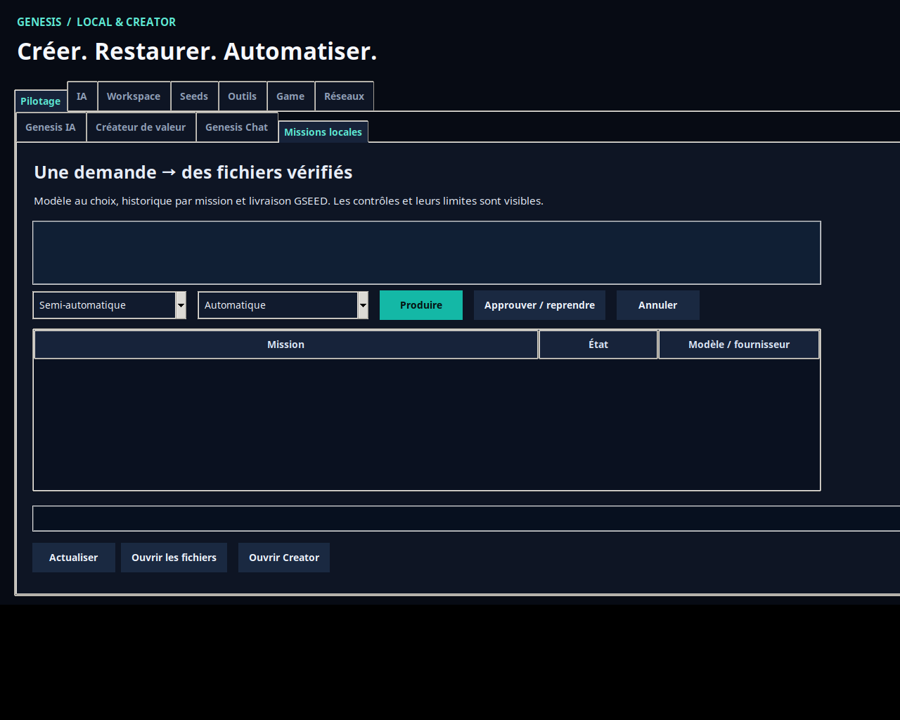 Interface de Genesis avec le panneau Missions locales, le choix du modèle et les commandes de production